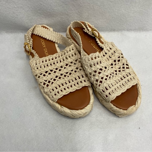 hot tory burch raffia espadrille sandal platform natural/gold logo 9m